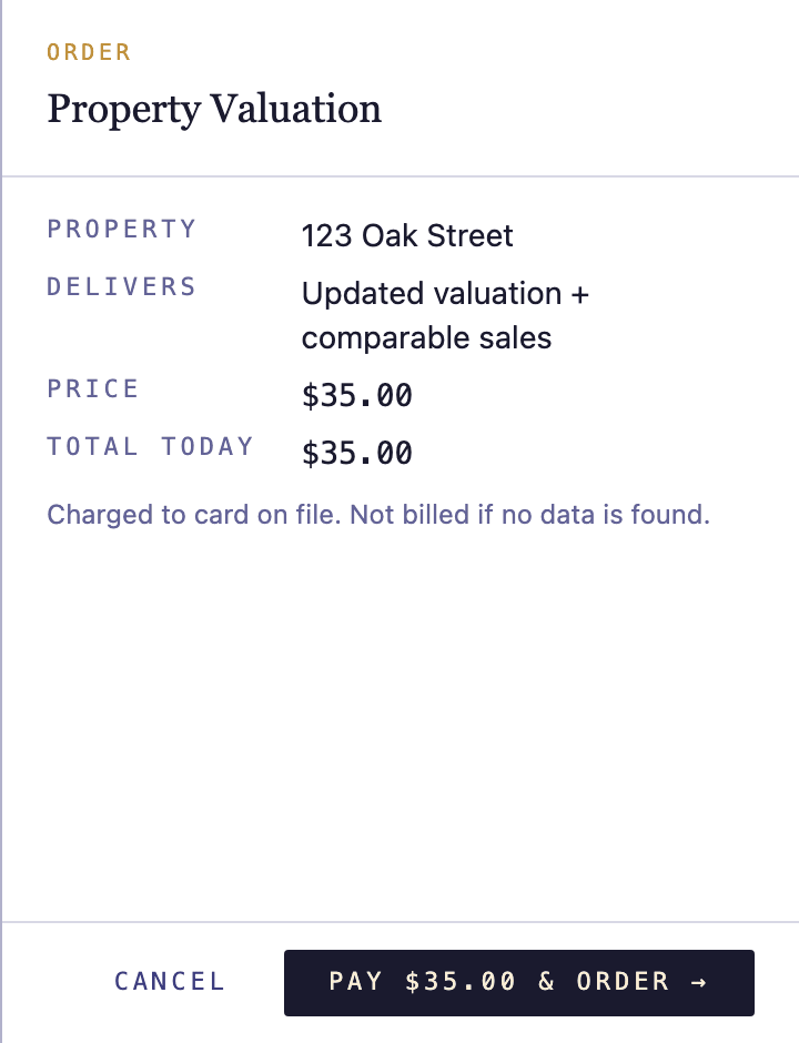 The order drawer showing the one-off charge before confirming.