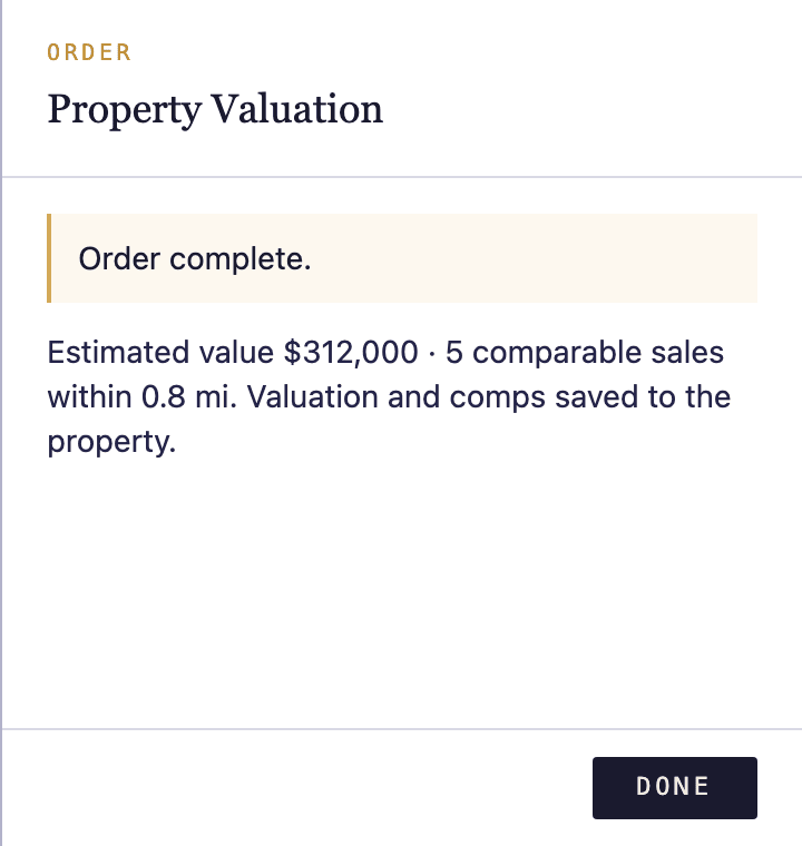A completed property report result in the order drawer.