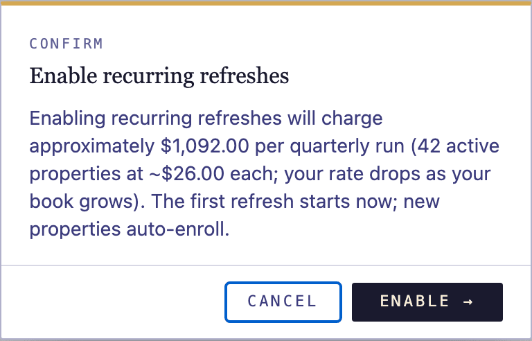 The confirmation dialog showing the estimated per-cycle charge.