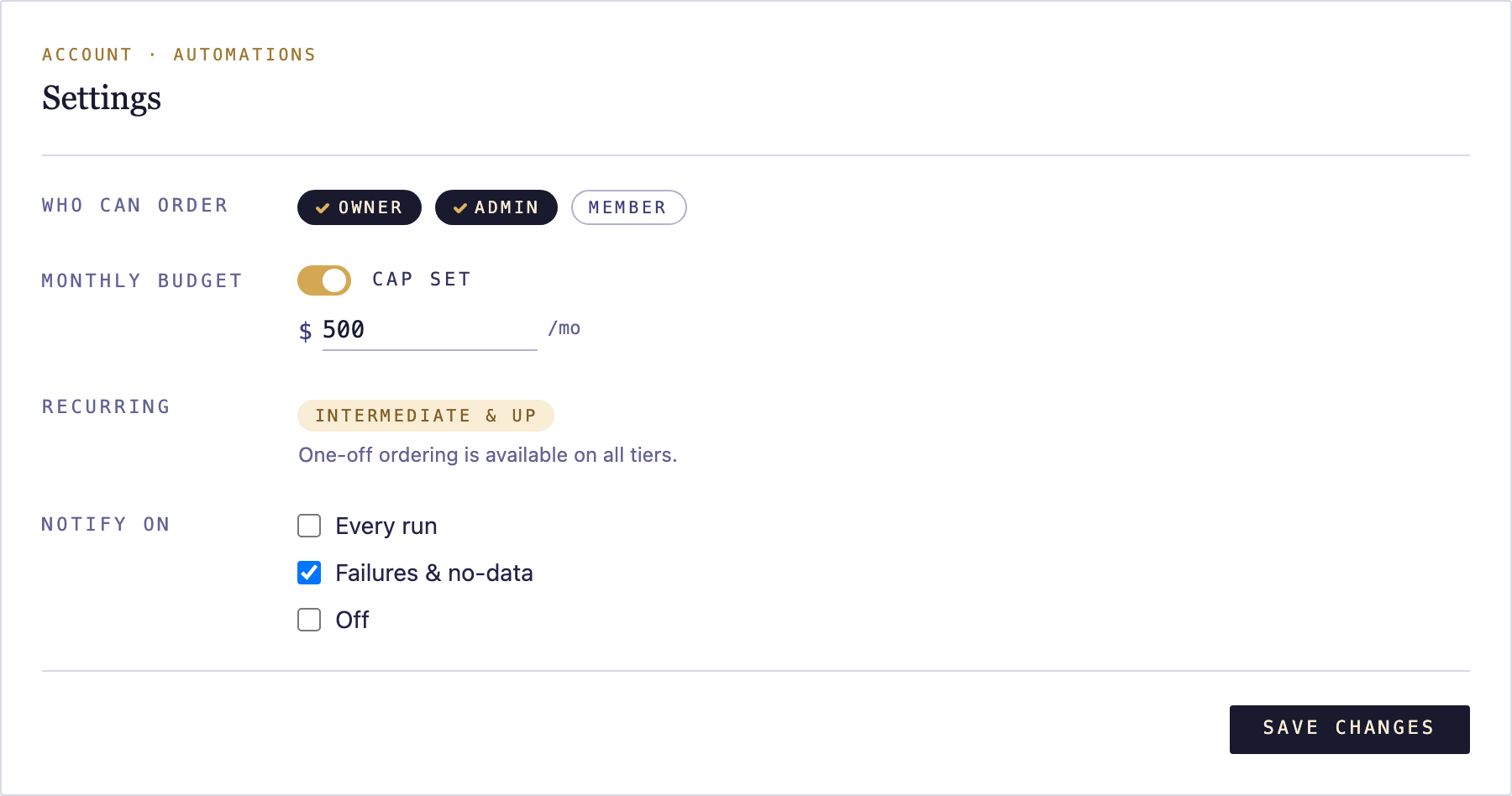 Automations settings: who can order, budget cap, and notifications.
