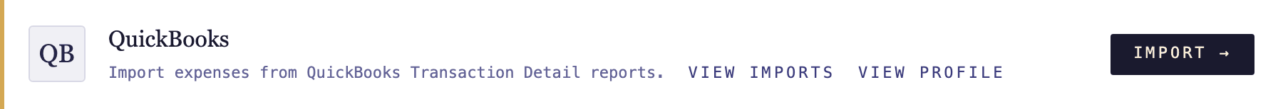 The QuickBooks card on the Integrations page with an Import button.