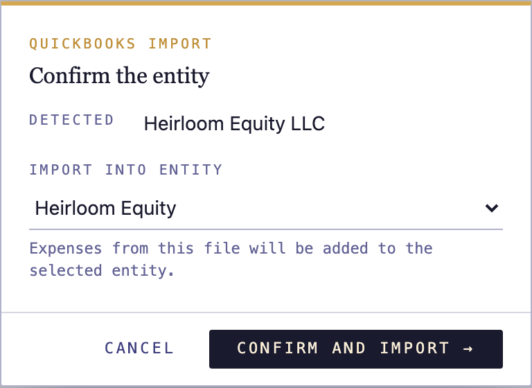 The confirm-entity dialog after uploading a QuickBooks export.