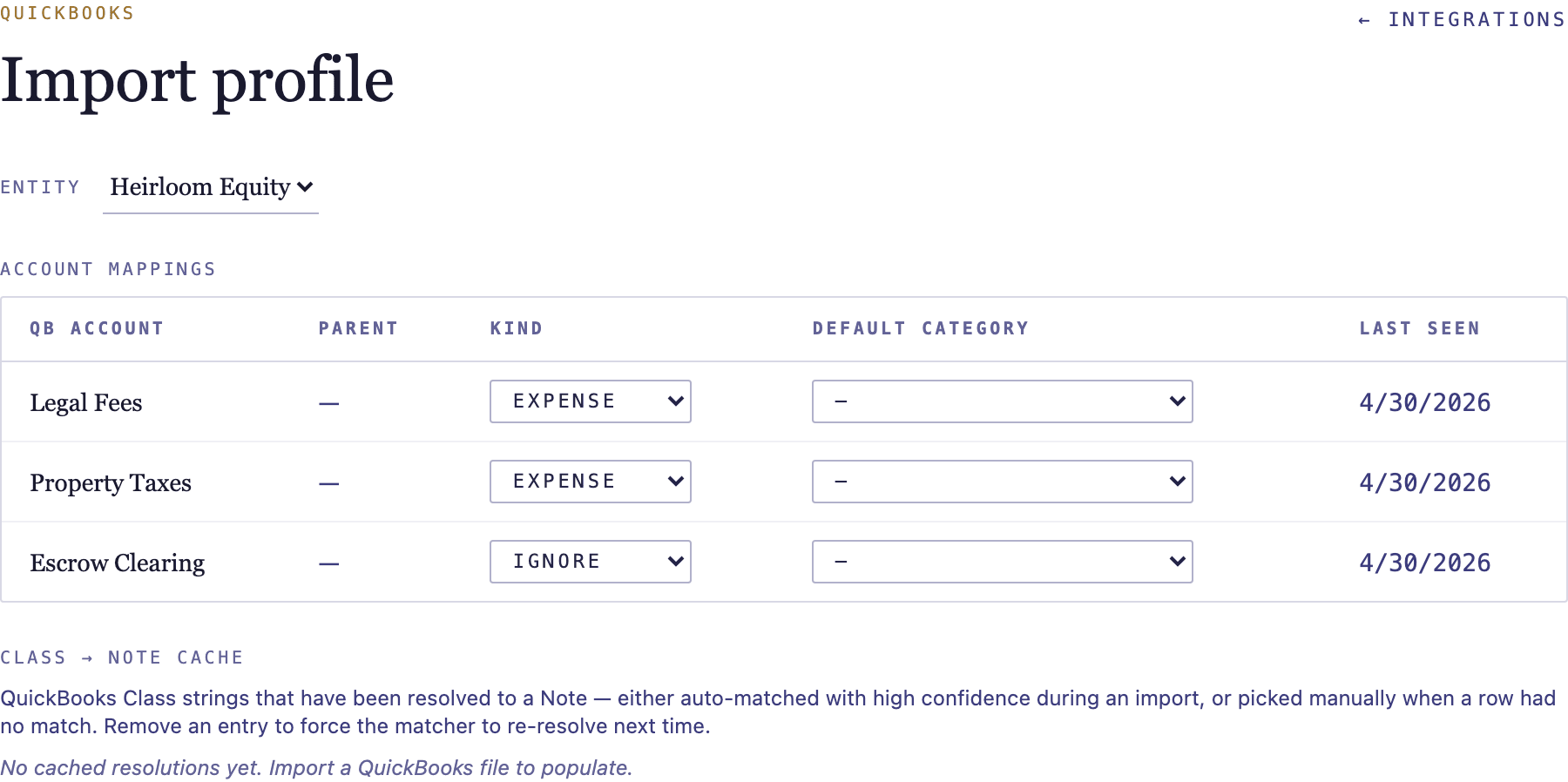 The account-mappings table mapping QuickBooks accounts to NoteLedger categories.