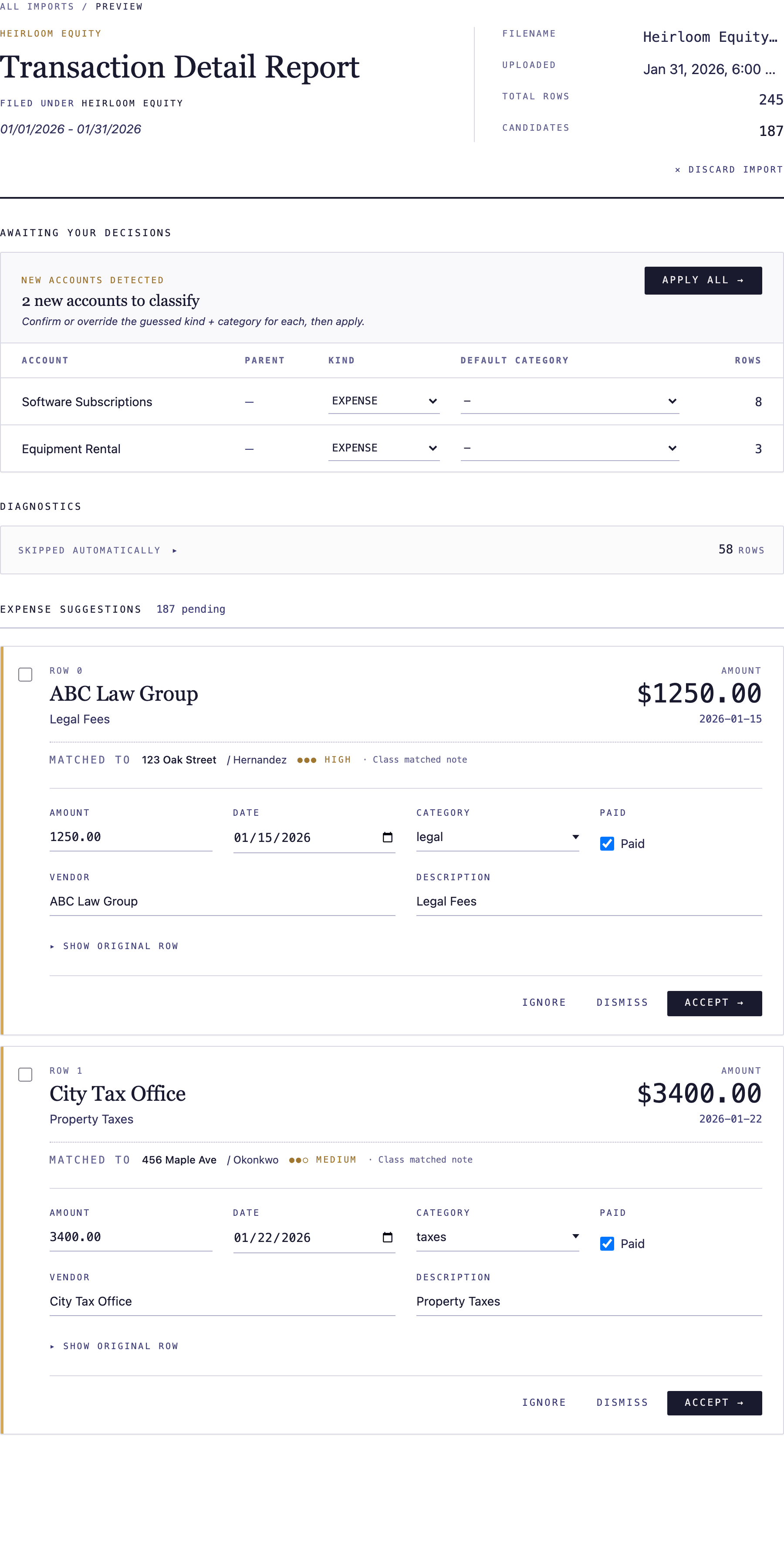 Reviewing an imported QuickBooks report with transactions matched to notes.
