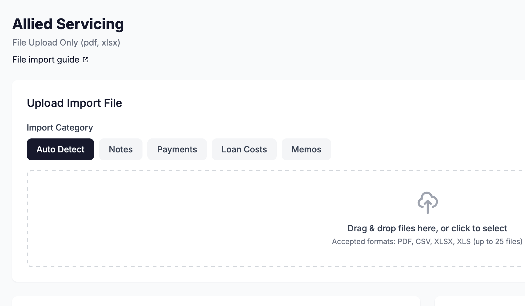 The Upload Import File panel showing the Import Category buttons and the file-drop zone