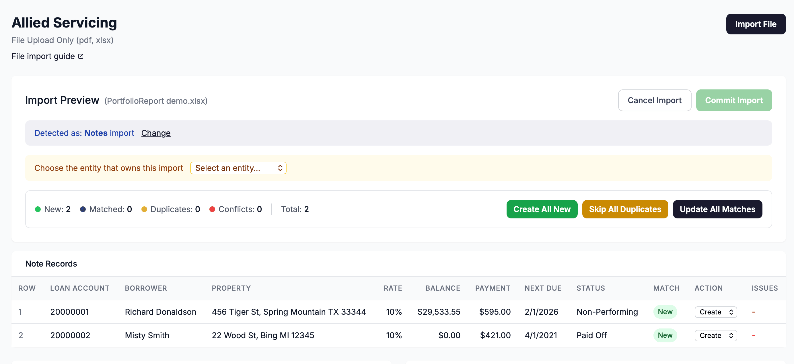 The Import Preview panel showing the auto-detected category banner, the preview table with Action dropdowns, and the entity selector