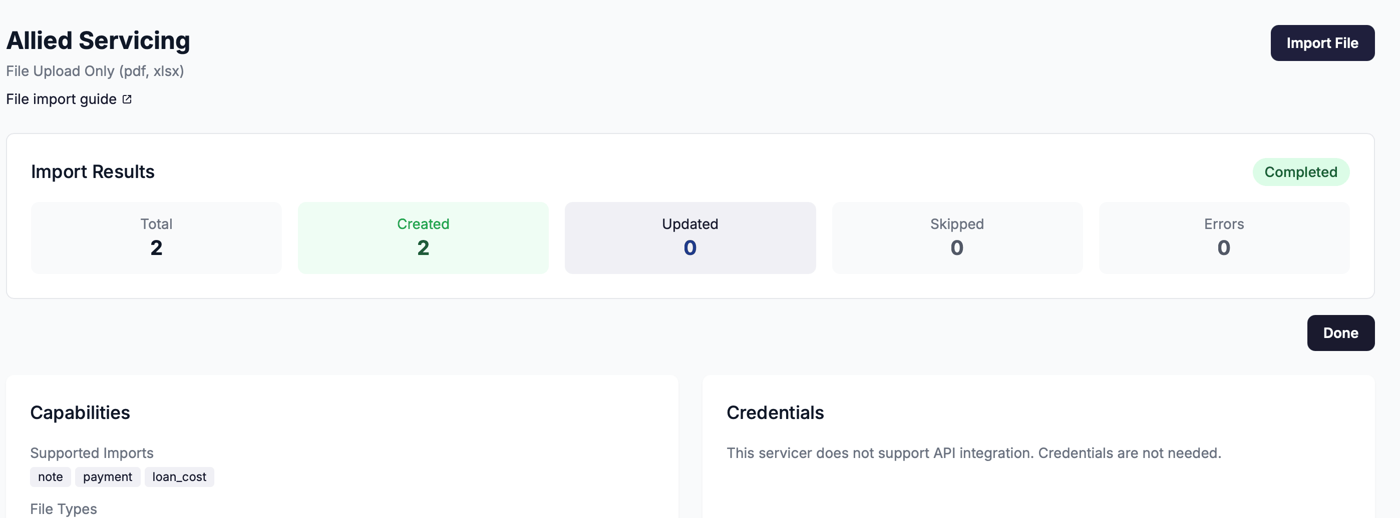 The Import Results panel showing the Total, Created, Updated, Skipped, and Errors tiles with a Completed status badge