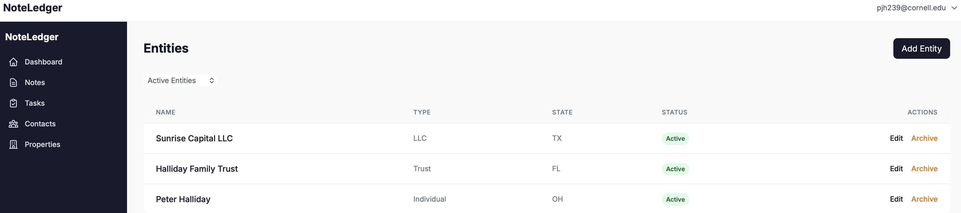 Entity management showing LLCs, Trusts, and individual accounts